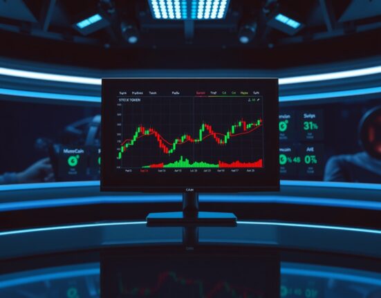 Digital trading dashboard showing stock-token DEX volume charts in a professional newsroom setting