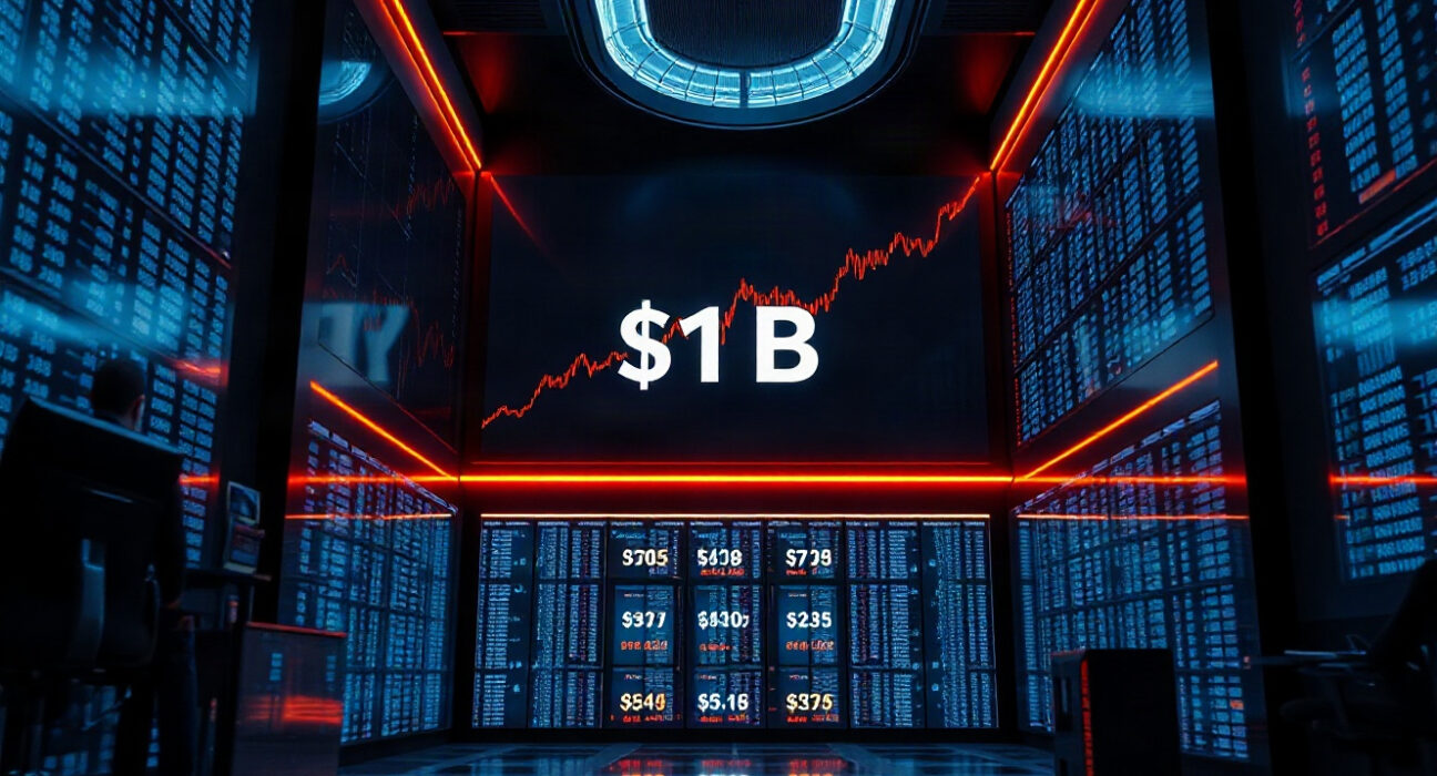 Digital screens on a trading floor showing a rising chart and the $1B TVL milestone for Robinhood Chain
