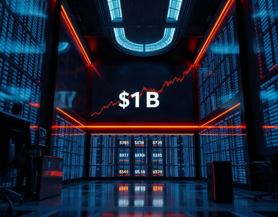 Digital screens on a trading floor showing a rising chart and the $1B TVL milestone for Robinhood Chain