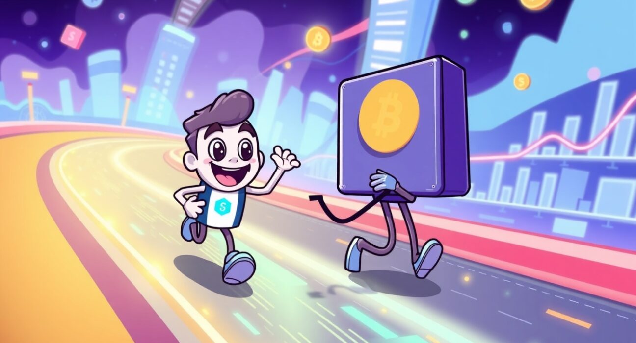 Cartoon illustration showing Robinhood leading Coinbase in the race for prediction market revenue.