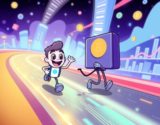 Cartoon illustration showing Robinhood leading Coinbase in the race for prediction market revenue.