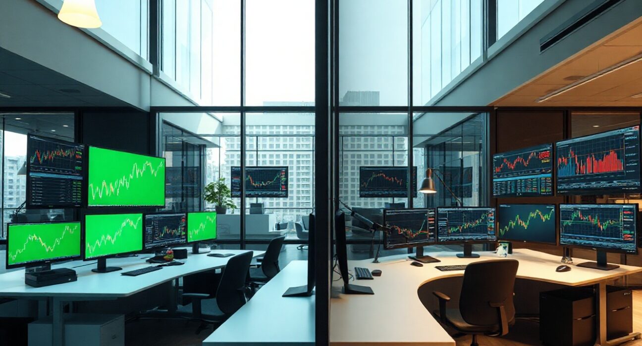 Comparison of Robinhood and Coinbase trading floors, showing contrasting market performance