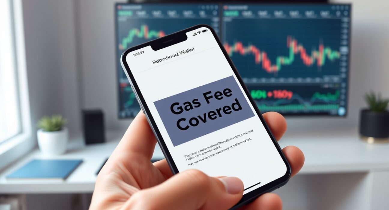 Smartphone displaying Robinhood Wallet app with gas fee coverage notification