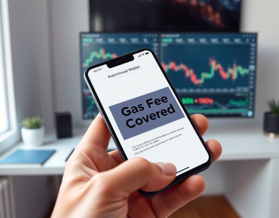 Smartphone displaying Robinhood Wallet app with gas fee coverage notification