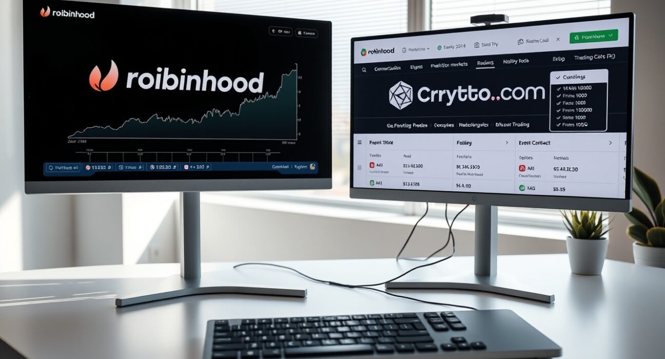 Dual monitor trading setup showing Robinhood and Crypto.com interfaces for prediction market trading