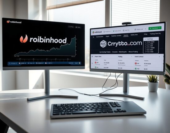 Dual monitor trading setup showing Robinhood and Crypto.com interfaces for prediction market trading
