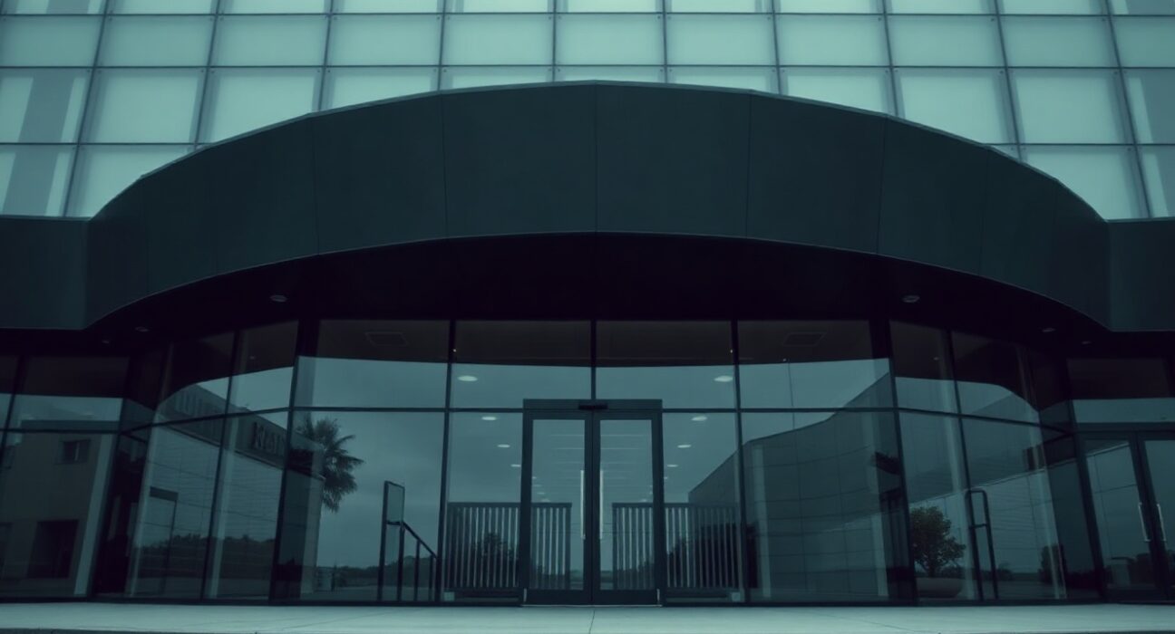 Modern corporate building exterior on an overcast day, representing Robinhood's headquarters and recent executive changes.