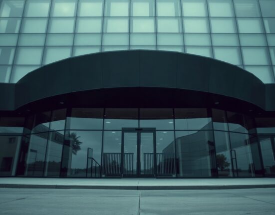 Modern corporate building exterior on an overcast day, representing Robinhood's headquarters and recent executive changes.