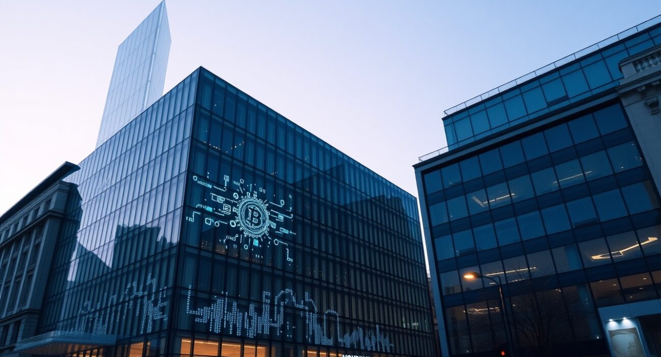 Modern financial building in London at dusk with subtle crypto interface reflections