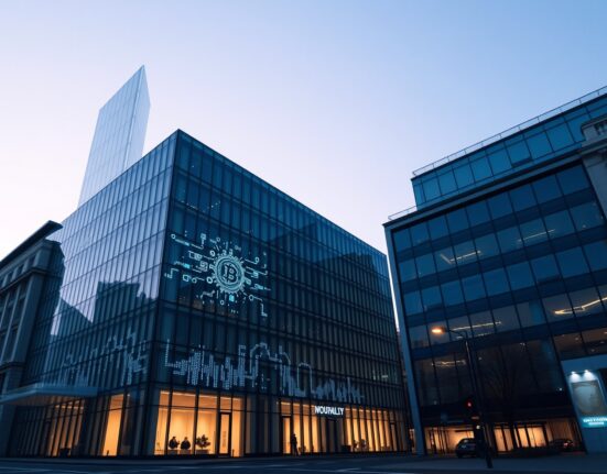Modern financial building in London at dusk with subtle crypto interface reflections