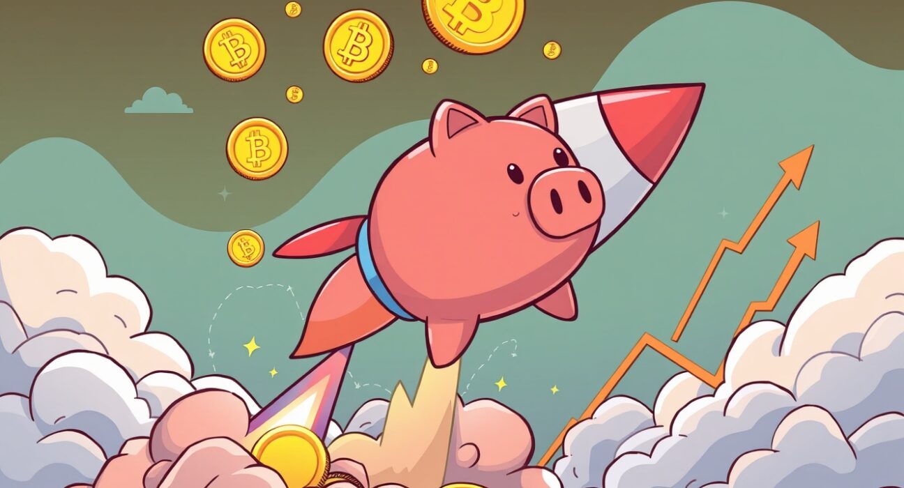 Explosive Robinhood crypto revenue growth shown through rocket piggy bank soaring with digital coins