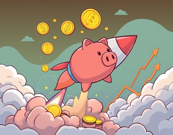 Explosive Robinhood crypto revenue growth shown through rocket piggy bank soaring with digital coins
