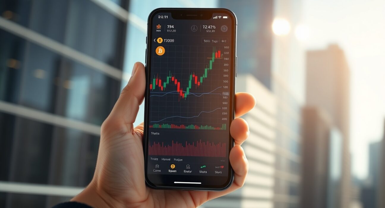 Smartphone displaying a crypto trading app with charts, held in a hand with a city backdrop