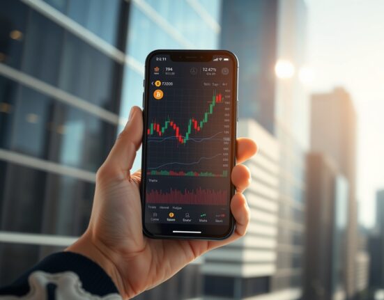 Smartphone displaying a crypto trading app with charts, held in a hand with a city backdrop