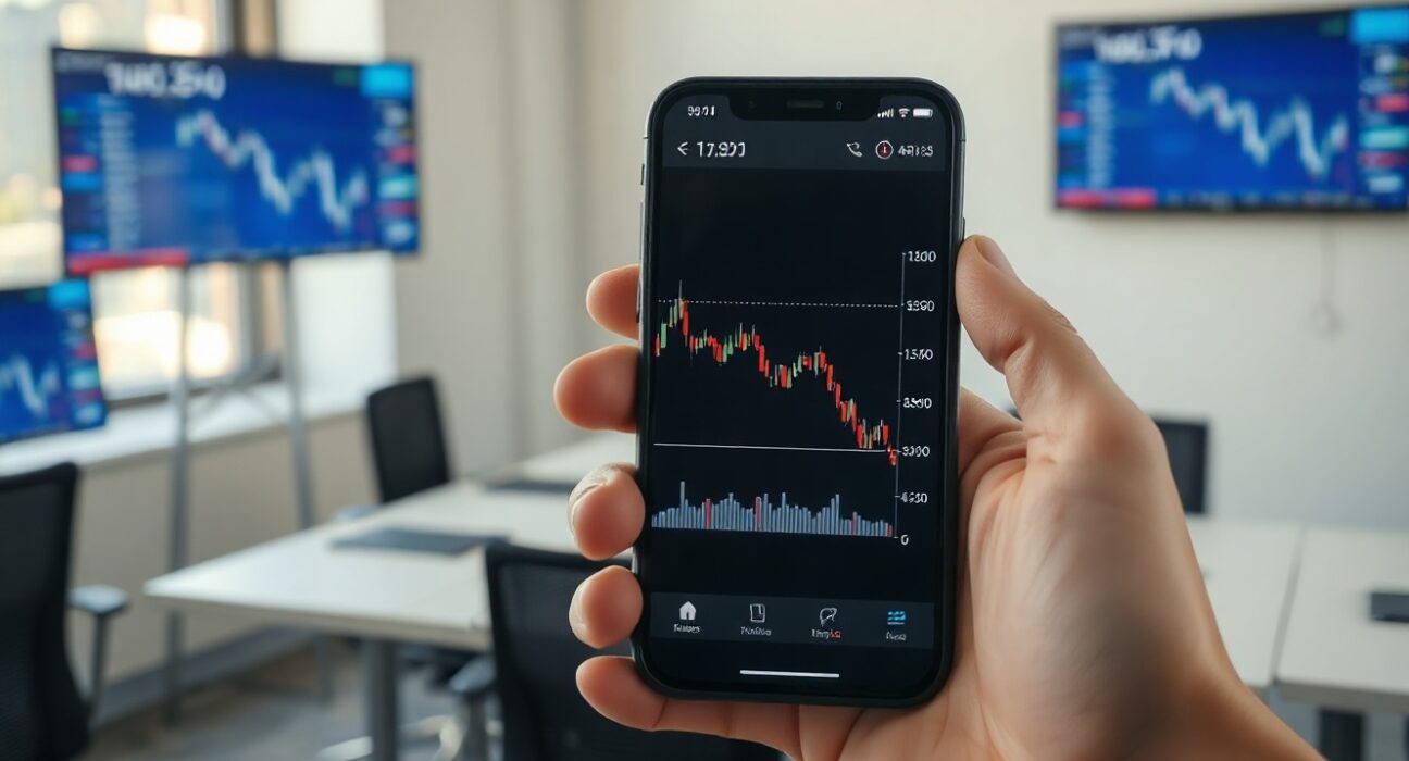 Hand holding smartphone showing declining crypto trading chart in office setting