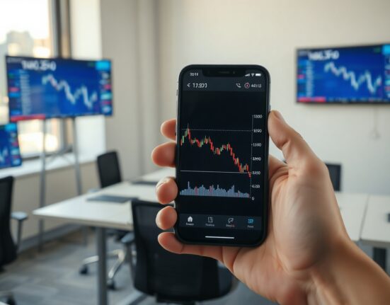 Hand holding smartphone showing declining crypto trading chart in office setting