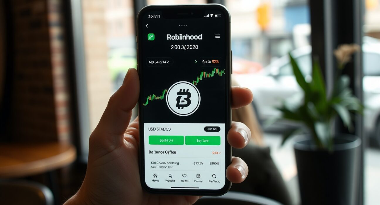 Robinhood Crypto app interface showing USDC stablecoin trading on a smartphone in a New York cafe setting