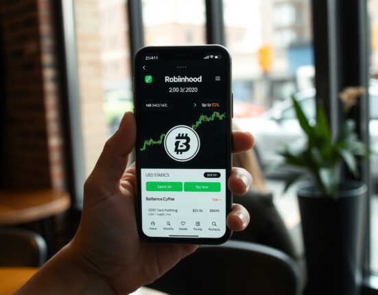 Robinhood Crypto app interface showing USDC stablecoin trading on a smartphone in a New York cafe setting