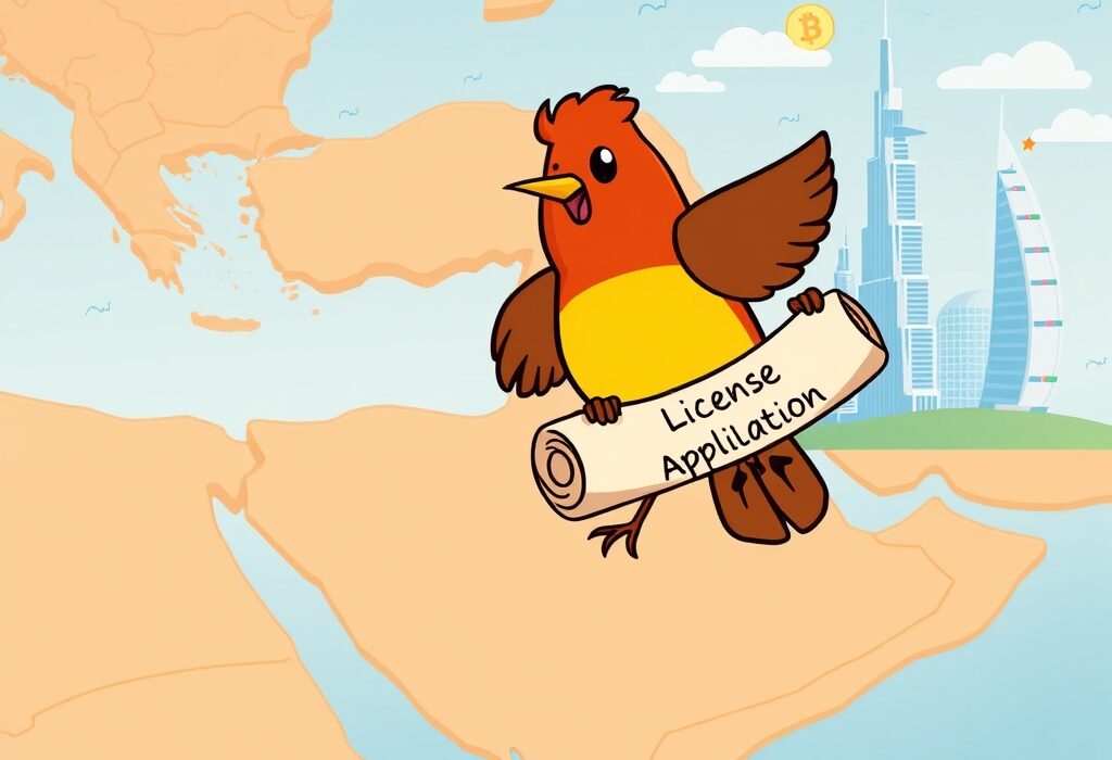A cartoon robin flying towards a modern Dubai skyline, symbolizing Robinhood's pursuit of a Robinhood Dubai license for MENA expansion.