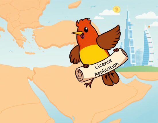 A cartoon robin flying towards a modern Dubai skyline, symbolizing Robinhood's pursuit of a Robinhood Dubai license for MENA expansion.