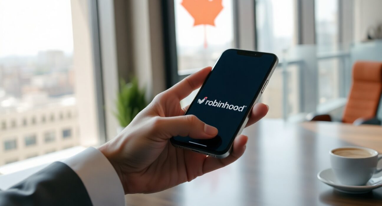 Hand holding a smartphone with the Robinhood app, symbolizing the company's expansion into Canada.