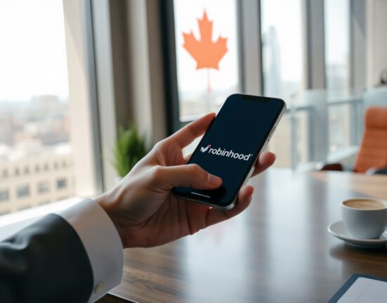 Hand holding a smartphone with the Robinhood app, symbolizing the company's expansion into Canada.