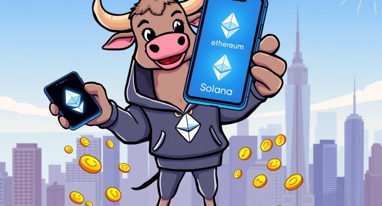 Robinhood ETH SOL staking service launching in New York, illustrated as a friendly bull mascot with a smartphone showing crypto rewards.