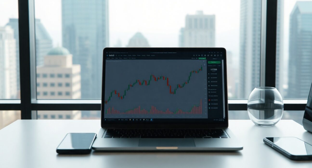 Robinhood crypto trading interface on a laptop and smartphone in a modern office setting
