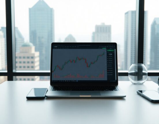 Robinhood crypto trading interface on a laptop and smartphone in a modern office setting