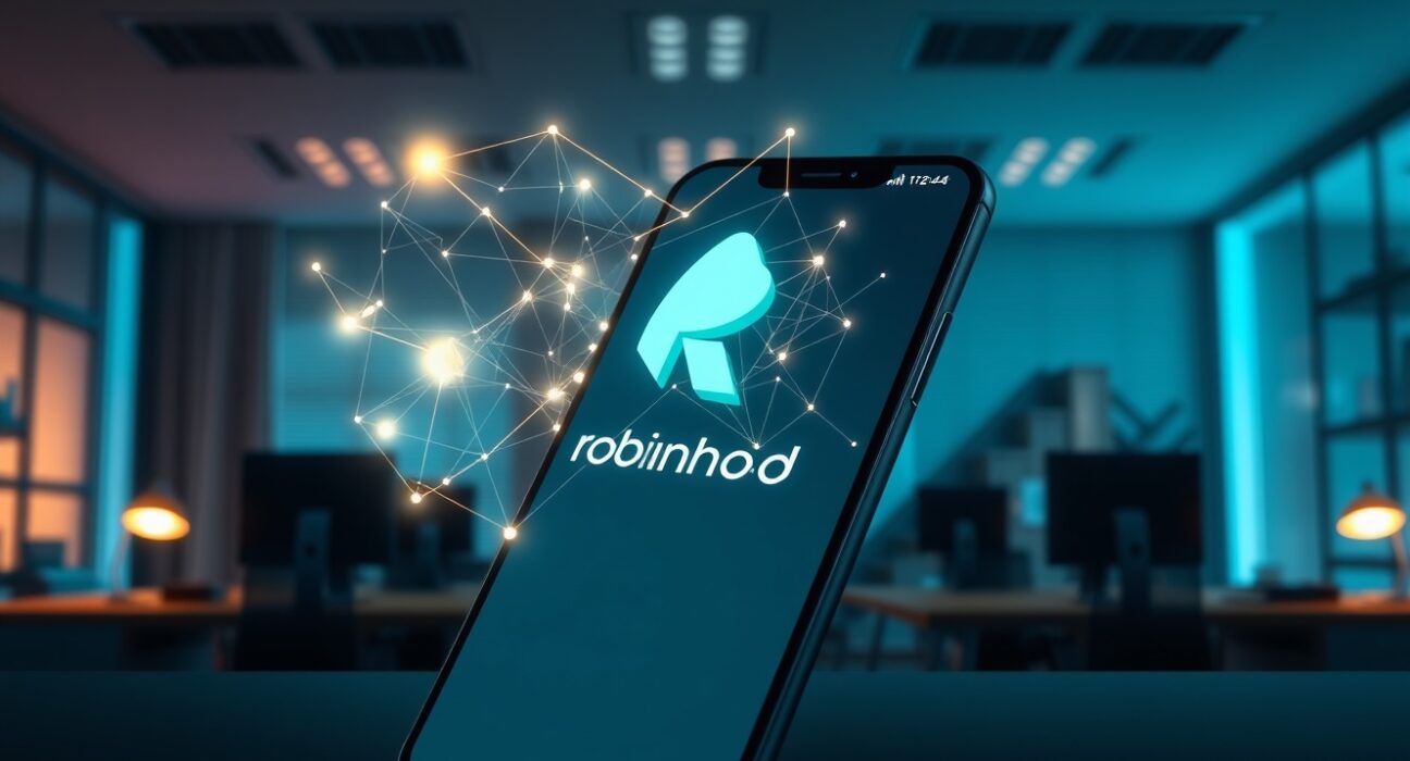 Robinhood app interface with blockchain network visualization representing Robinhood Chain launch