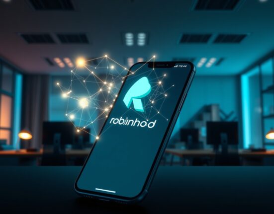 Robinhood app interface with blockchain network visualization representing Robinhood Chain launch
