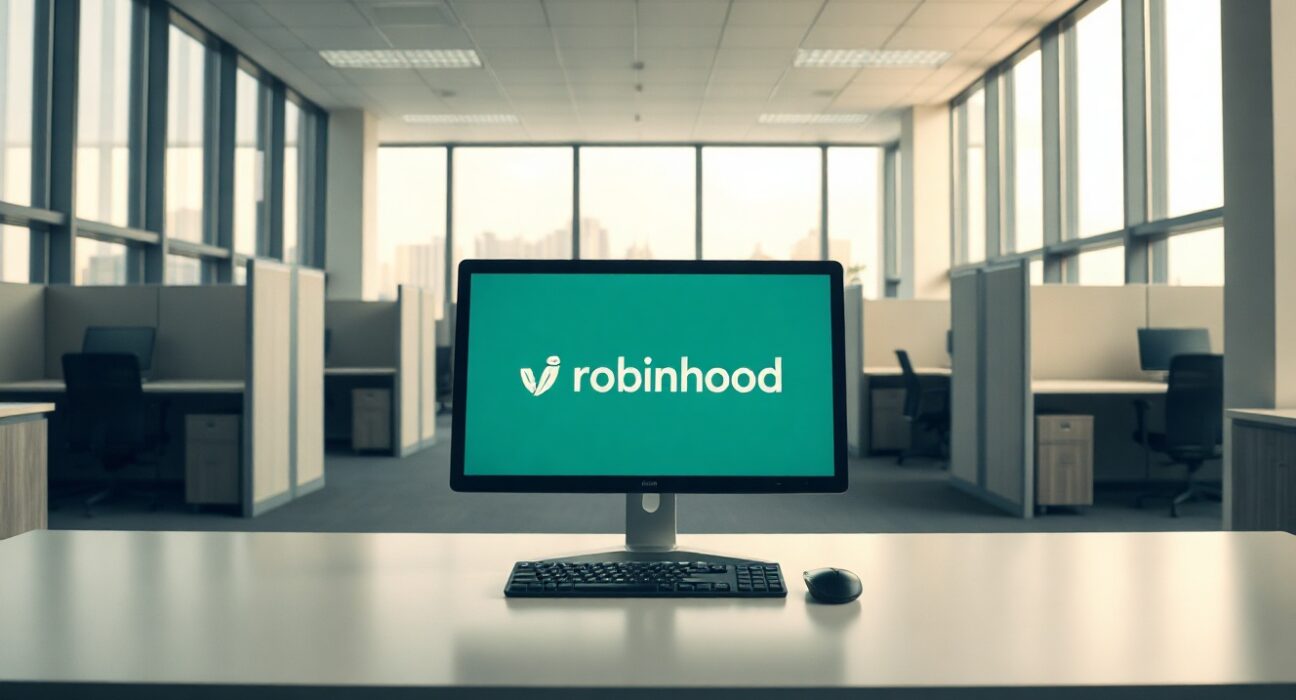 Empty office with Robinhood logo on computer screen, representing company layoffs and restructuring