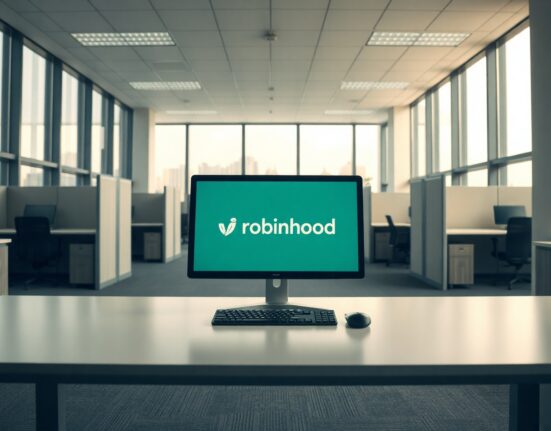 Empty office with Robinhood logo on computer screen, representing company layoffs and restructuring