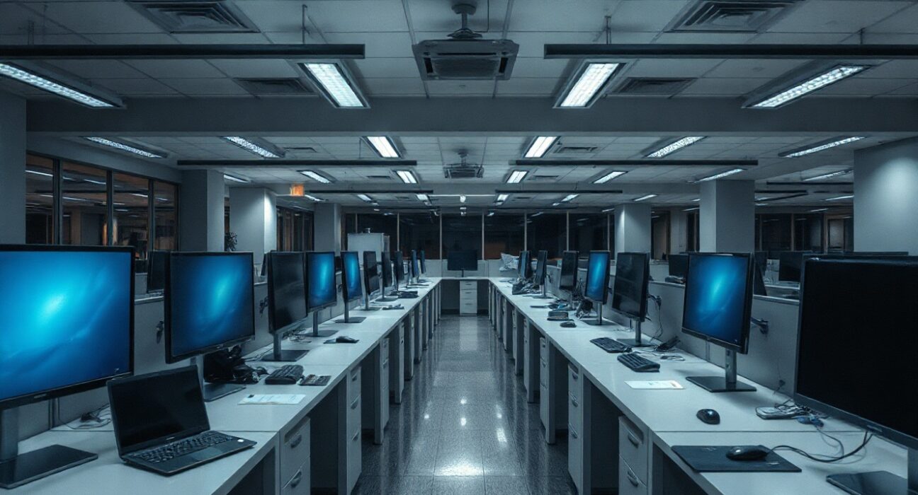 Empty office desks at a fintech company after layoffs, symbolizing restructuring without AI justification