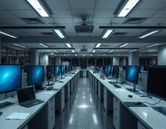 Empty office desks at a fintech company after layoffs, symbolizing restructuring without AI justification