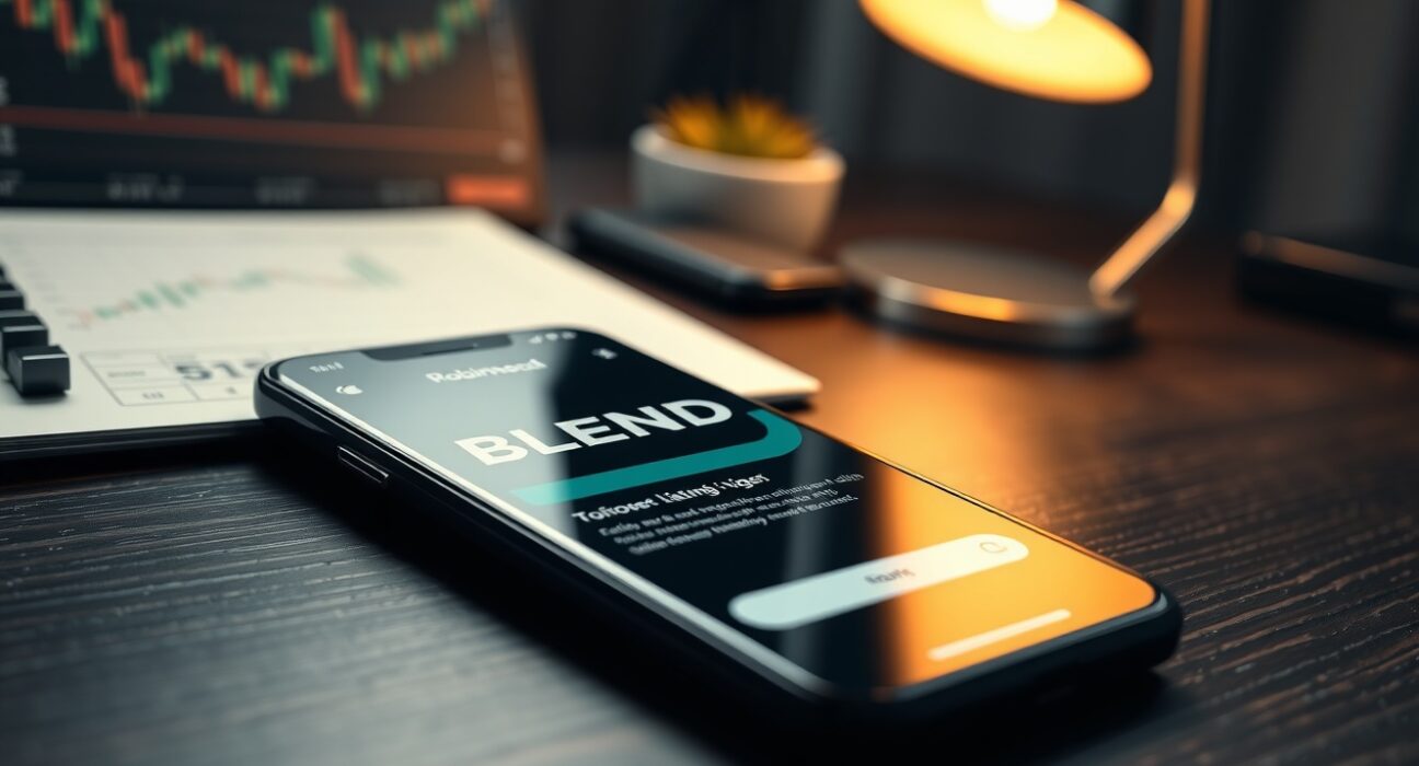 Robinhood app on smartphone showing BLEND token listing announcement on a desk with financial charts in background