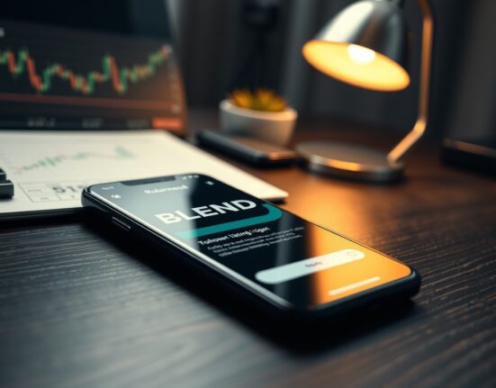 Robinhood app on smartphone showing BLEND token listing announcement on a desk with financial charts in background