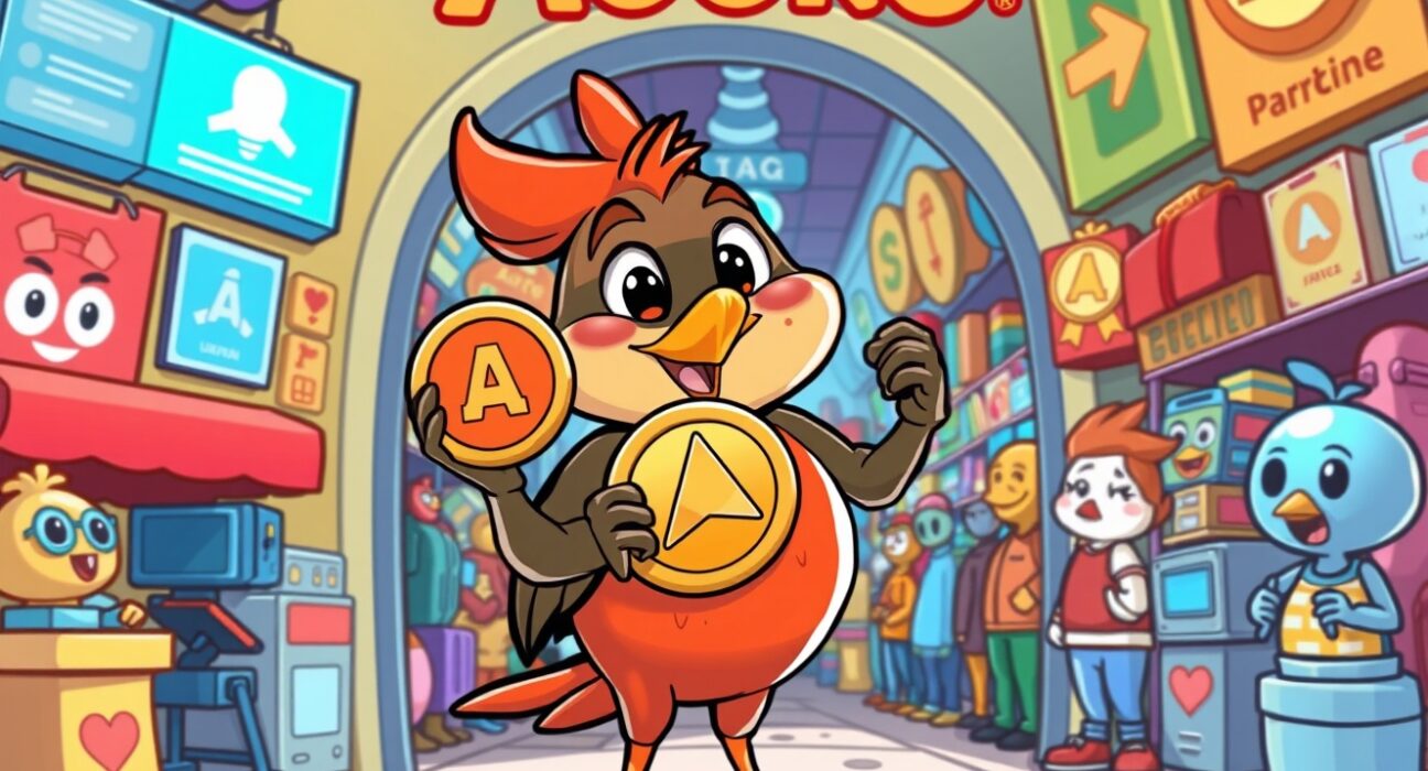 A cartoon robin offering the Aerodrome AERO token, symbolizing new access to DeFi on Robinhood.