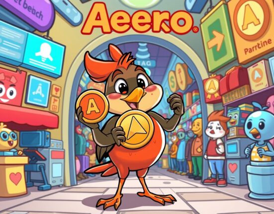 A cartoon robin offering the Aerodrome AERO token, symbolizing new access to DeFi on Robinhood.