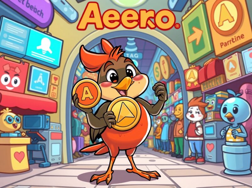 A cartoon robin offering the Aerodrome AERO token, symbolizing new access to DeFi on Robinhood.