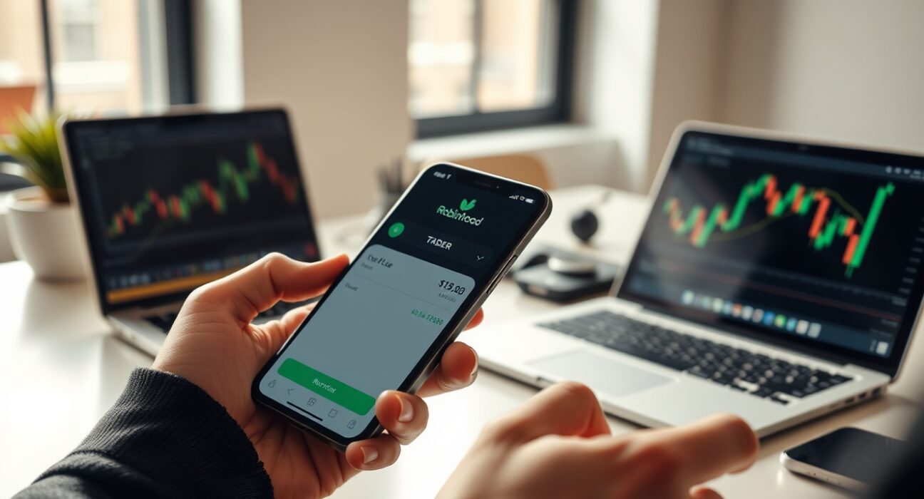 Robinhood app on a smartphone showing a trade confirmation for FLR and STRK tokens in a professional office setting.