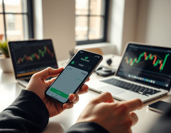 Robinhood app on a smartphone showing a trade confirmation for FLR and STRK tokens in a professional office setting.