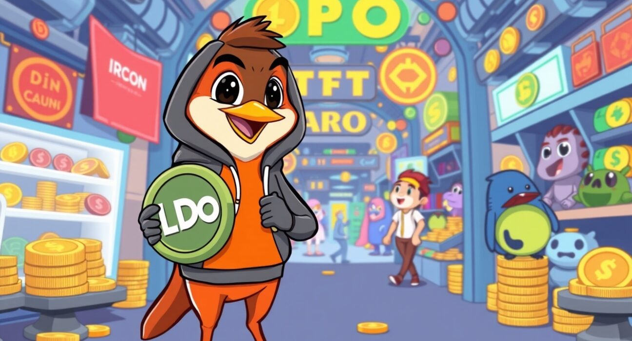 A cartoon robin offering an LDO token, symbolizing Robinhood listing LDO for easy trading access.