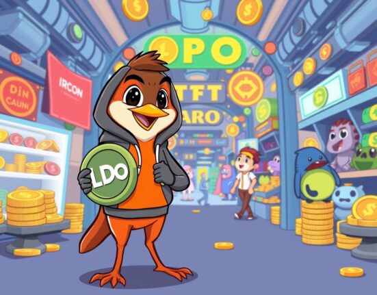 A cartoon robin offering an LDO token, symbolizing Robinhood listing LDO for easy trading access.