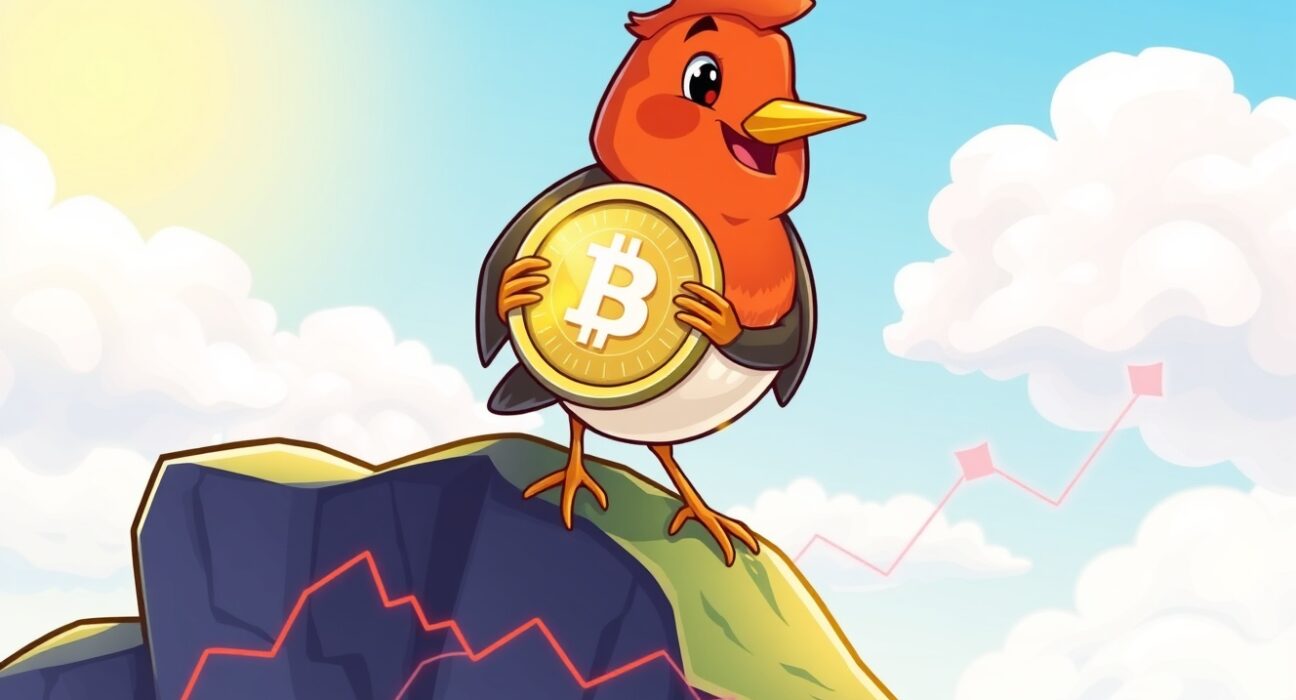 A cartoon robin presents the PIPPIN cryptocurrency coin on Robinhood's platform, symbolizing new access for investors.