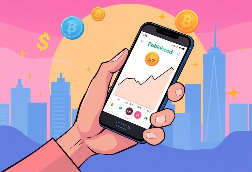 A cartoon illustration showing the Robinhood app on a phone, symbolizing that Robinhood lists SUI token, representing new investment opportunities.