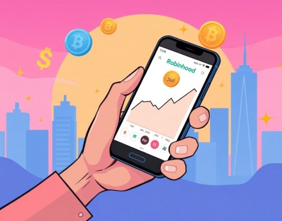 A cartoon illustration showing the Robinhood app on a phone, symbolizing that Robinhood lists SUI token, representing new investment opportunities.