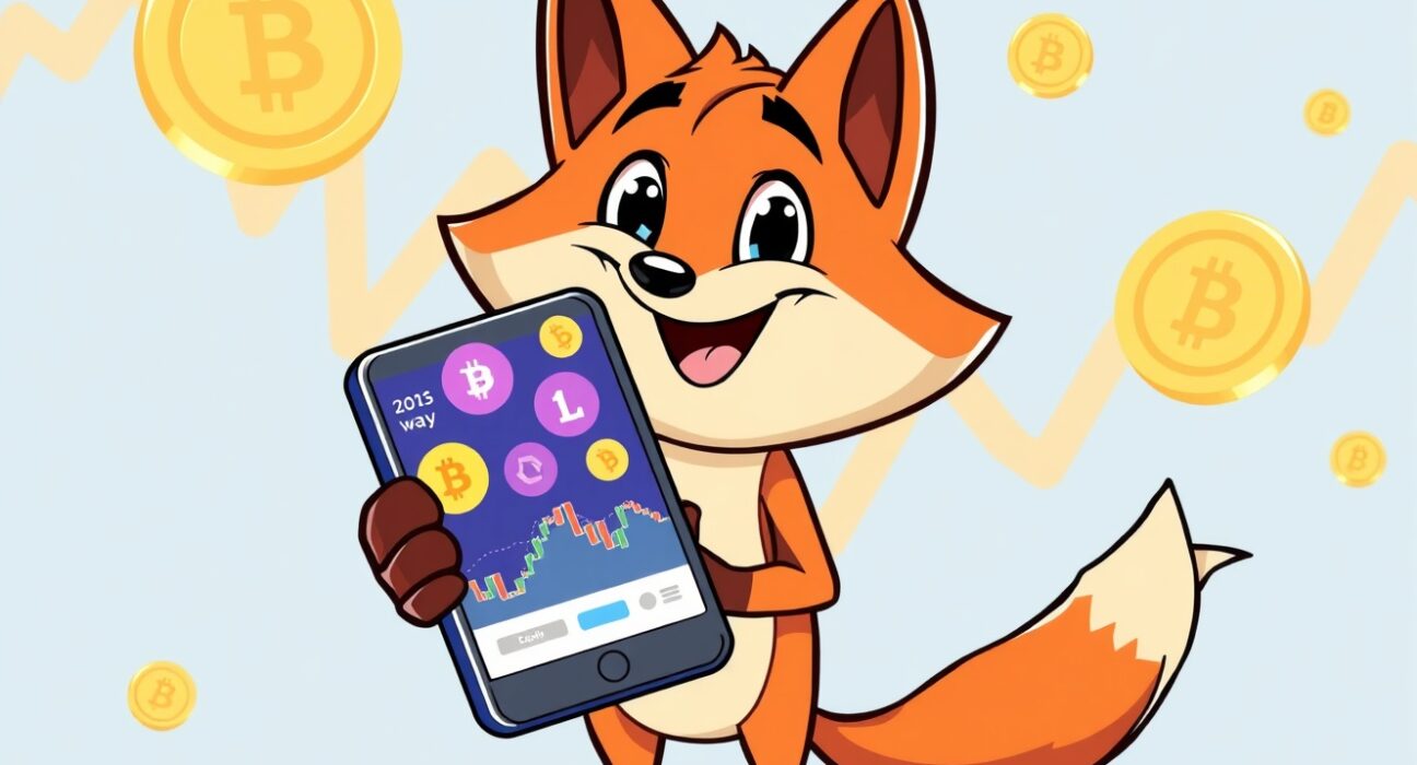 A cartoon fox mascot excitedly trading cryptocurrencies XCN and SYRUP on a smartphone.