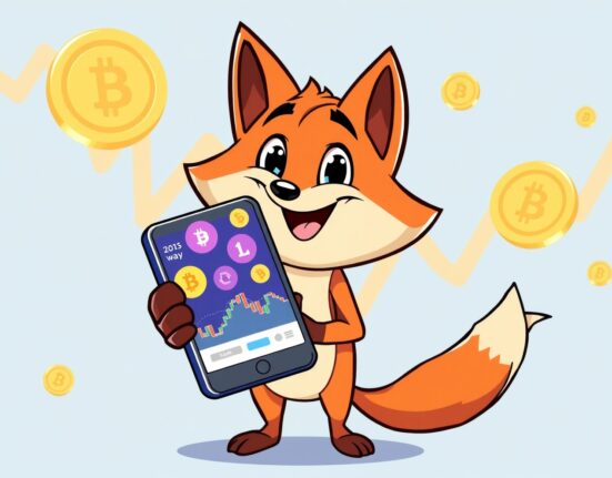 A cartoon fox mascot excitedly trading cryptocurrencies XCN and SYRUP on a smartphone.