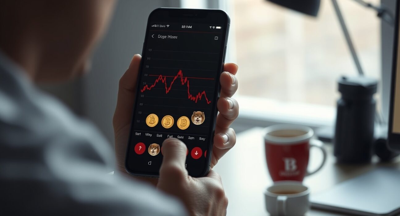 Person viewing a smartphone showing a downward cryptocurrency chart with meme coin logos in red.